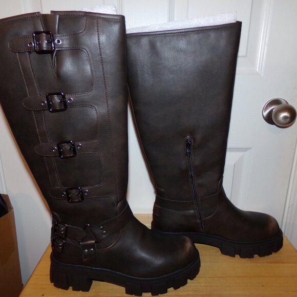 Suedi Women's Knee High Riding Boots /Side Zipper Chunky Platform Motorcycle 10 - Picture 4 of 9